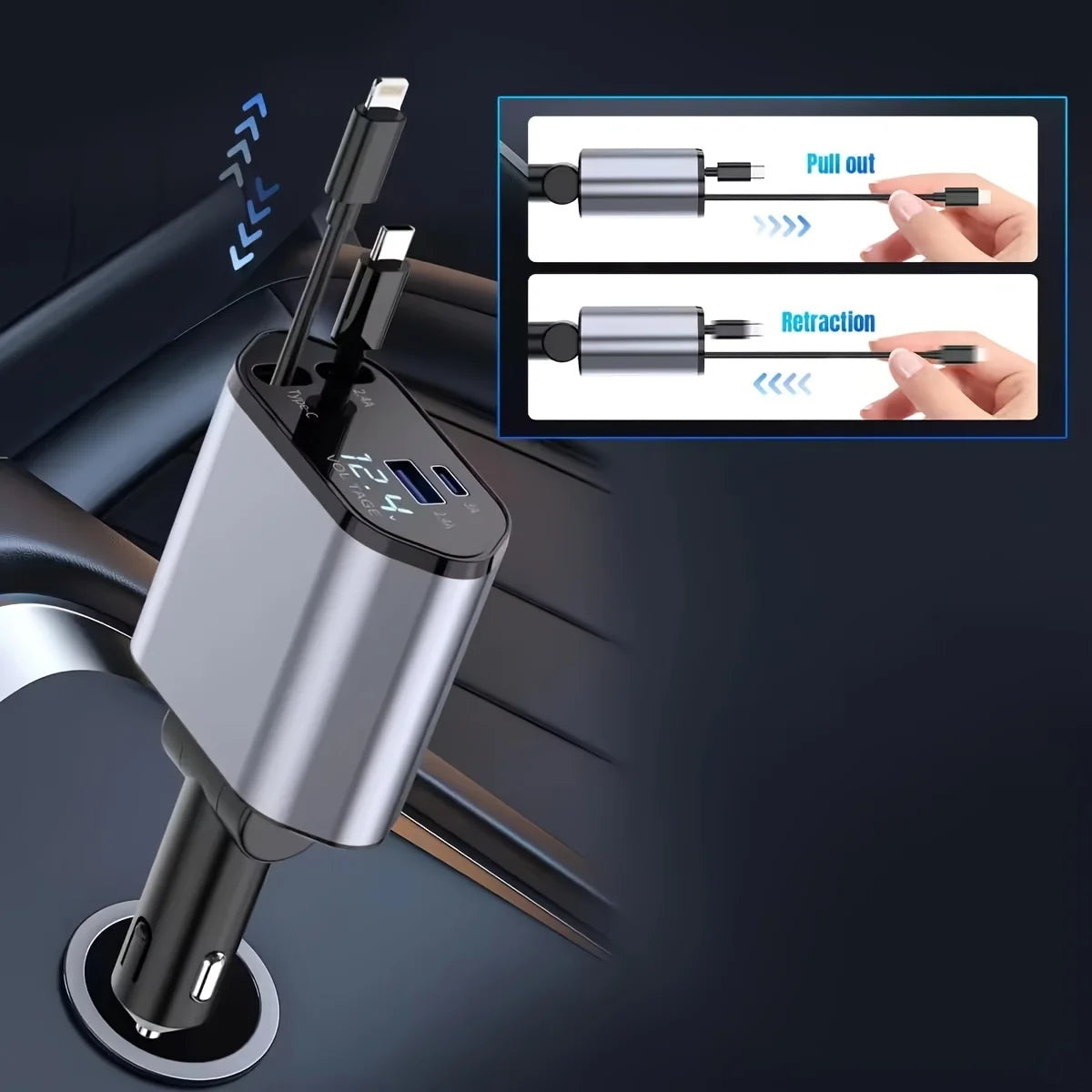 Retractable Car Charger, 4 in 1 Fast Charging Car