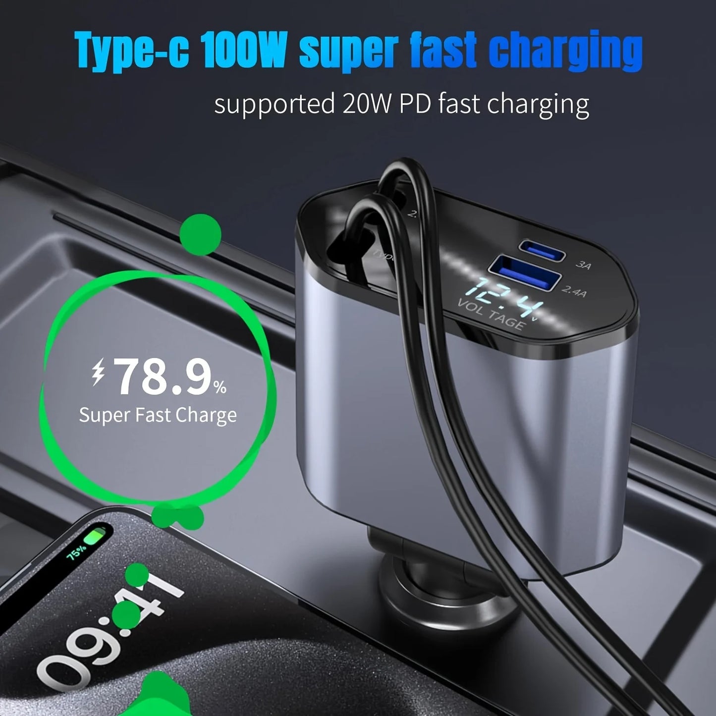 Retractable Car Charger, 4 in 1 Fast Charging Car
