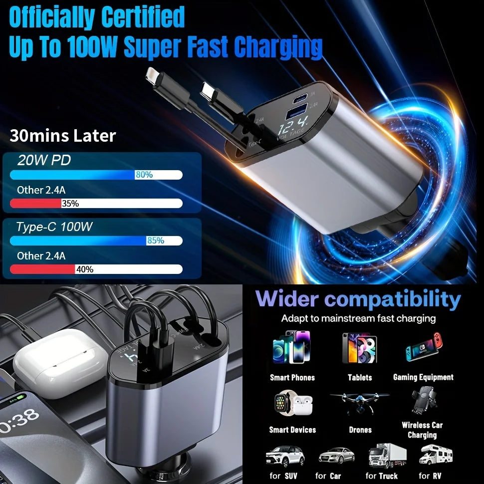 Retractable Car Charger, 4 in 1 Fast Charging Car