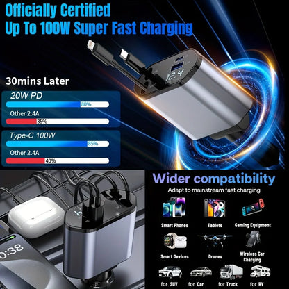 Retractable Car Charger, 4 in 1 Fast Charging Car